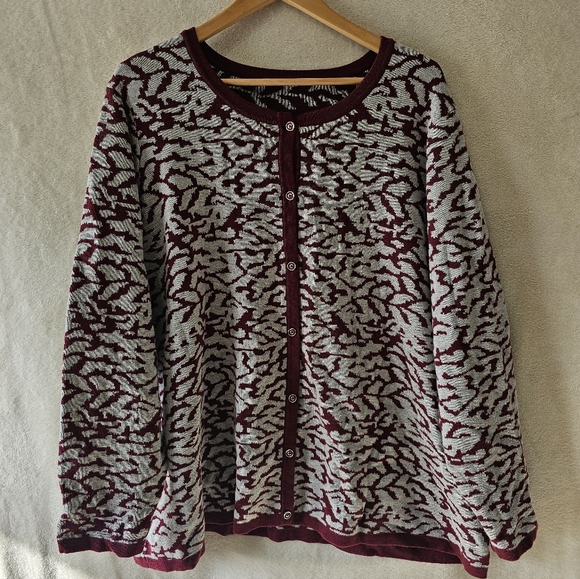 Denim & Co Burgundy & Gray Patterned Button Up Cardigan Sweater 3X - Picture 4 of 6
